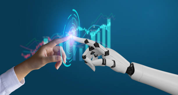 ai, machine learning, robot hand ai artificial intelligence assistance human touching on big data network connection background, science artificial intelligence technology, innovation and futuristic. - 人工智能 個照片及圖片檔