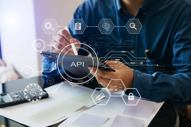 api - application programming interface, woman using laptop, tablet and smartphone with virtual screen api icon software development tool, modern technology - 系统软件 個照片及圖片檔